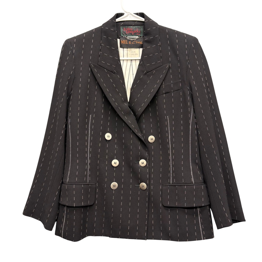 Lolita Lempicka Paris Vintage Wool Double Breasted Blazer Black Pinstripe Sz 10